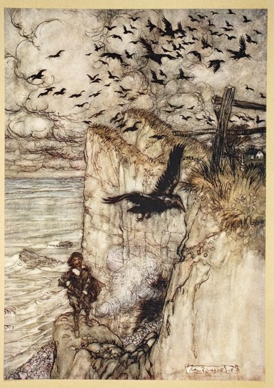 ..Cornacchie dal piumaggio rossiccio, molte in gruppo, che si alzano e gracchiano al suono dello sparo, illustrazione da 